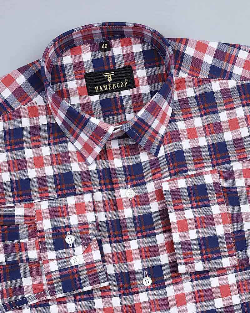 Odela Peach And Blue Multishaded Oxford Cotton Check Shirt
