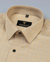 Coconut Cream With White Check Formal Cotton Shirt