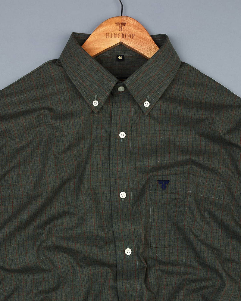 Dusty Palm Green With Red And Blue Small Check Cotton Shirt