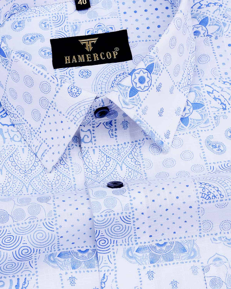 Blue With White Kalamkari Art Printed Linen Cotton Shirt