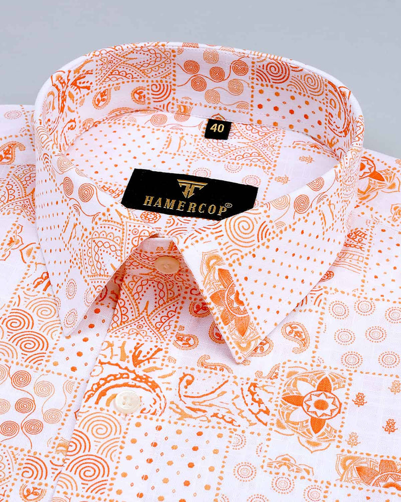 Orange With White Kalamkari Art Printed Linen Cotton Shirt