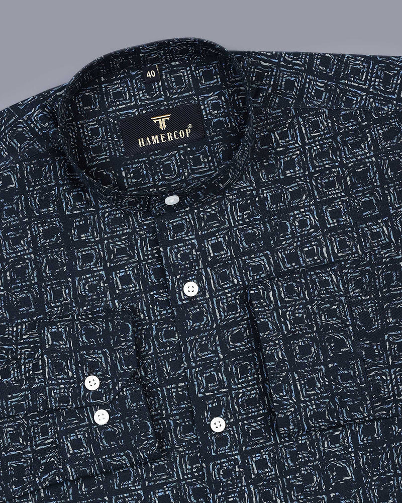 TurboN With Square Printed Navyblue Oxford Cotton Shirt