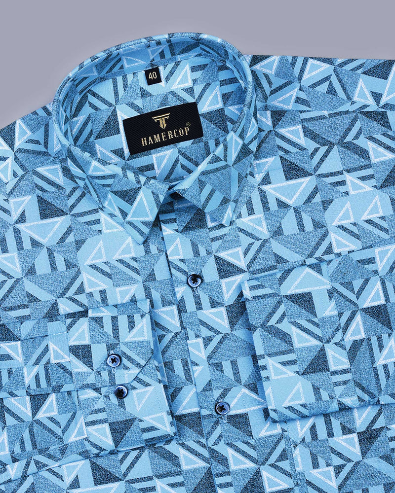 SkyBlue Geometrical Triangle Printed Oxford Cotton  Shirt