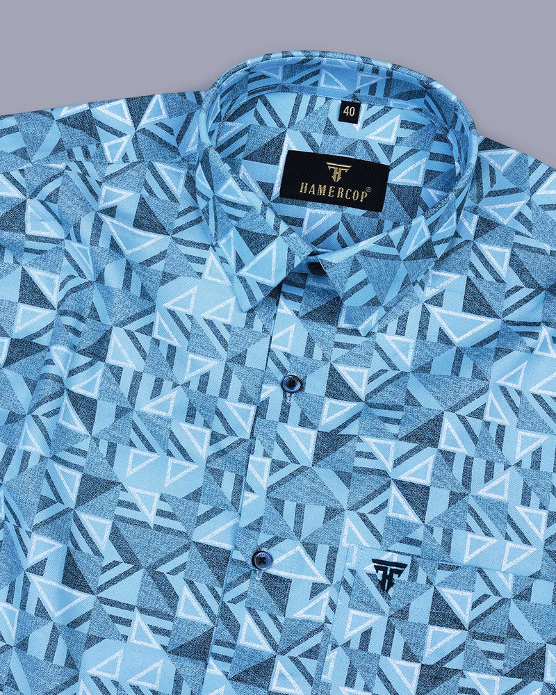 SkyBlue Geometrical Triangle Printed Oxford Cotton  Shirt