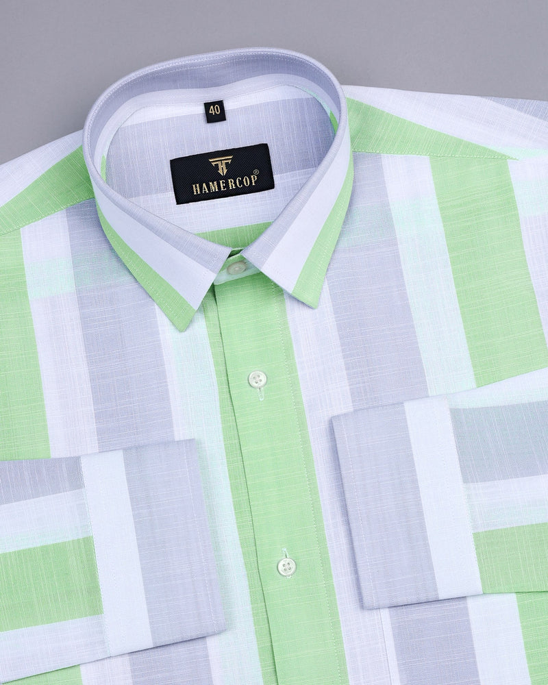 CozmoG With Gray And Green Broad Stripe Linen Cotton Shirt