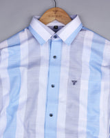 CozmoB With Gray And Blue Broad Stripe Linen Cotton Shirt