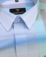 Zinnia Blue And Green Multicolored Check Linen Cotton Shirt