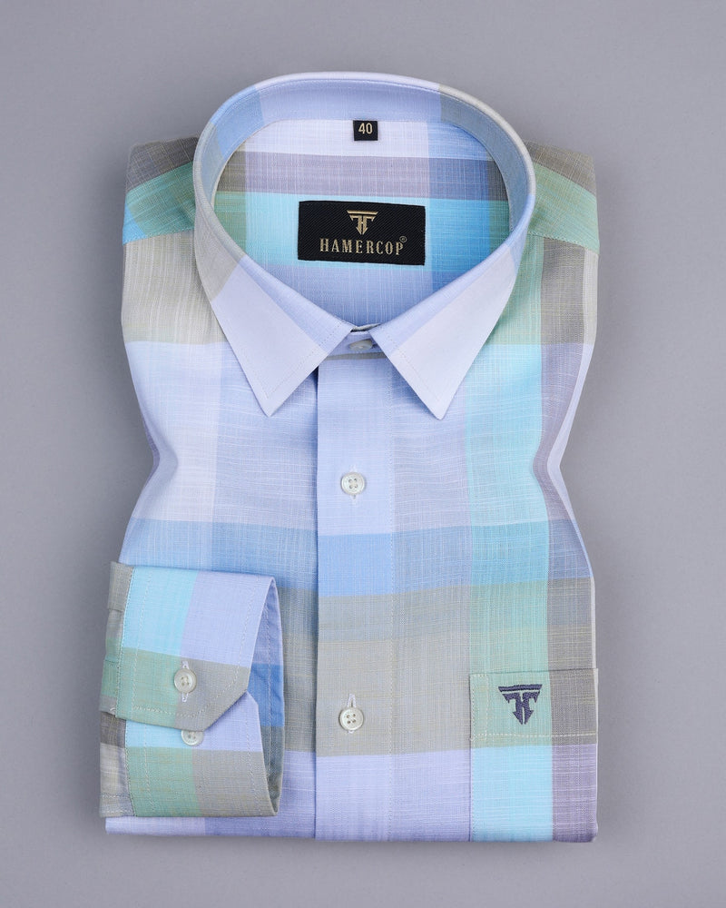 Zinnia Blue And Green Multicolored Check Linen Cotton Shirt