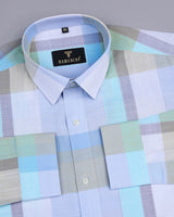 Zinnia Blue And Green Multicolored Check Linen Cotton Shirt