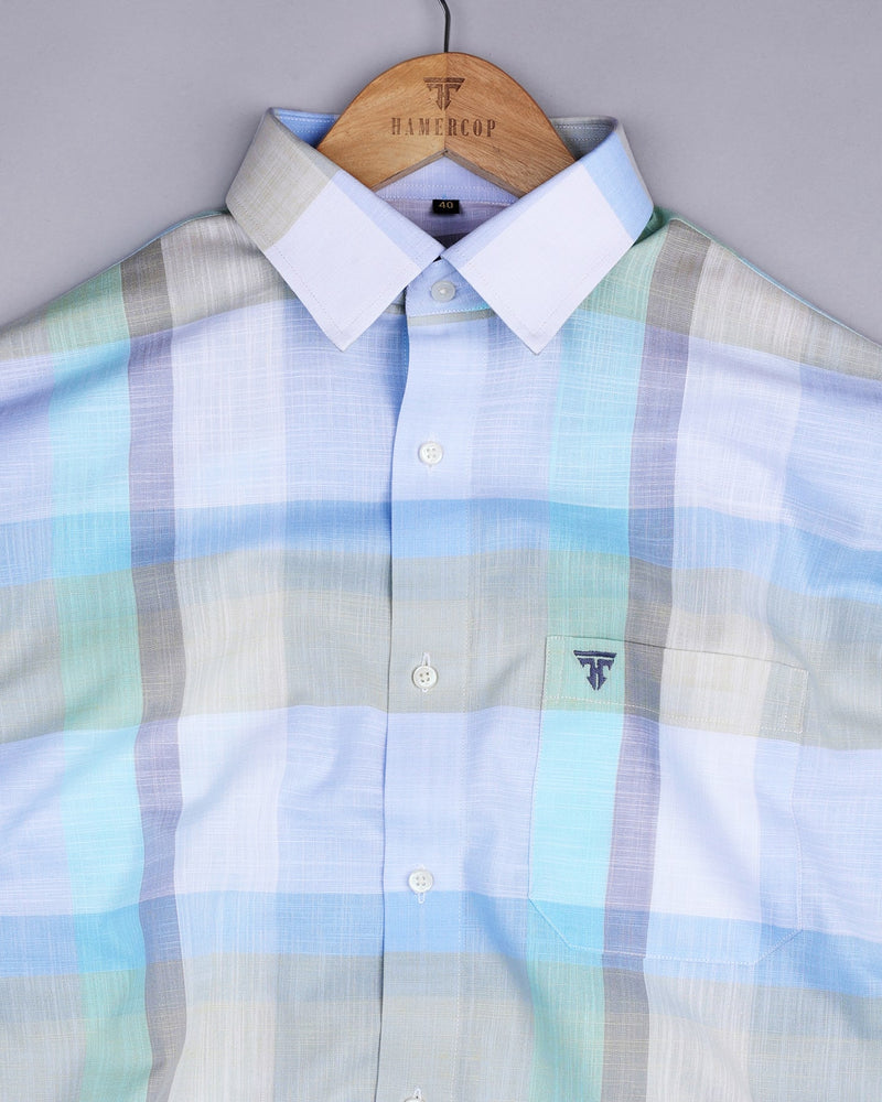 Zinnia Blue And Green Multicolored Check Linen Cotton Shirt