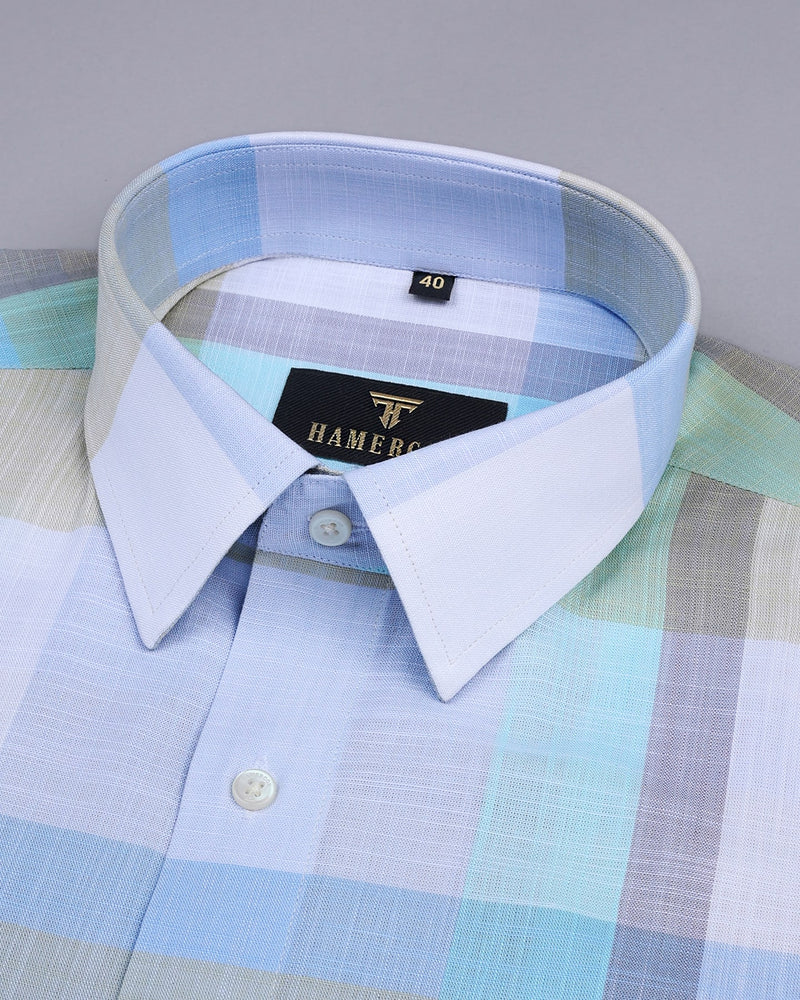 Zinnia Blue And Green Multicolored Check Linen Cotton Shirt