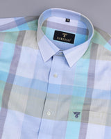 Zinnia Blue And Green Multicolored Check Linen Cotton Shirt