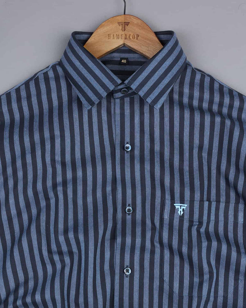 Basalt Blue With NavyBlue Stripe Oxford Cotton Shirt