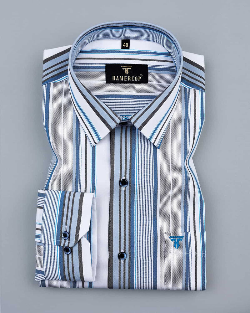 Bluster Blue Multicolored Stripe Oxford Cotton Formal  Shirt