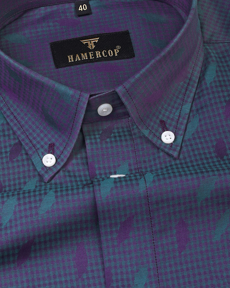 Elise Purple With Green Shadow Jacquard  Leaf Printed Gingham Party Shirt