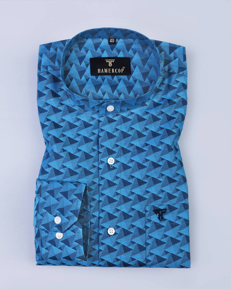 Cyan Blue Block Printed Jacquard Premium Gizza  Designer Shirt