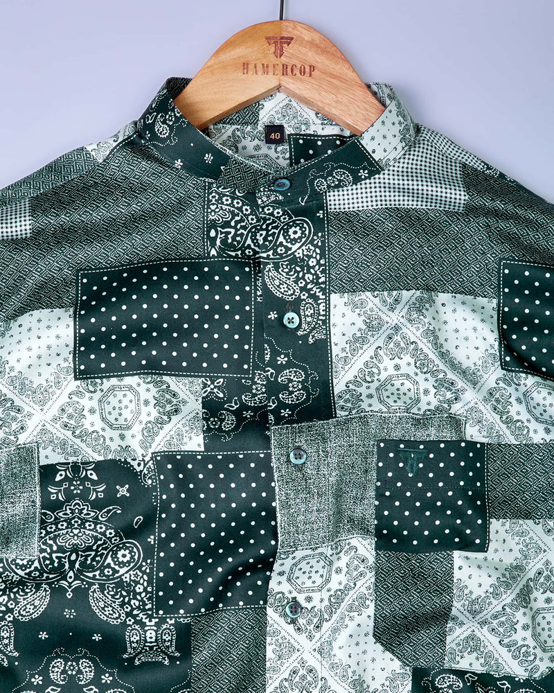 Dark Green Patchwork And Paisley Printed With Dolphin Gray Gizza  Shirt