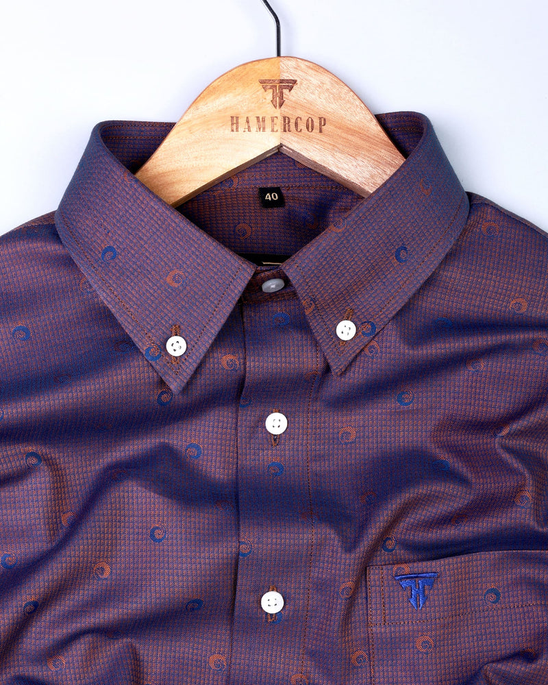 Mulberry Marron With Blue Jacquard Shadow Gingham Cotton Shirt
