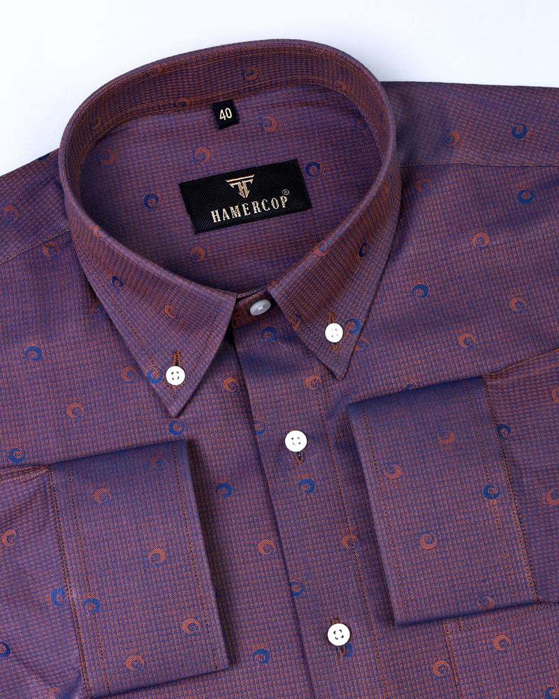 Mulberry Marron With Blue Jacquard Shadow Gingham Cotton Shirt