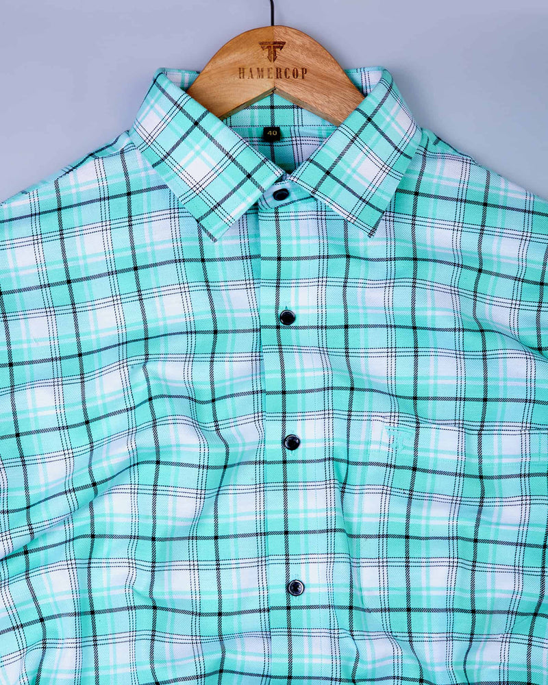 Turquoise Green With White And Black Plaid Flannel Check Shirt