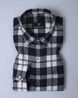 Macaroon Creamish With Black Brushed Solid Plaid Flannel Check Shirt