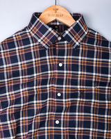 Kokum Blue With Chocolate Brown And White Cotton Check Shirt