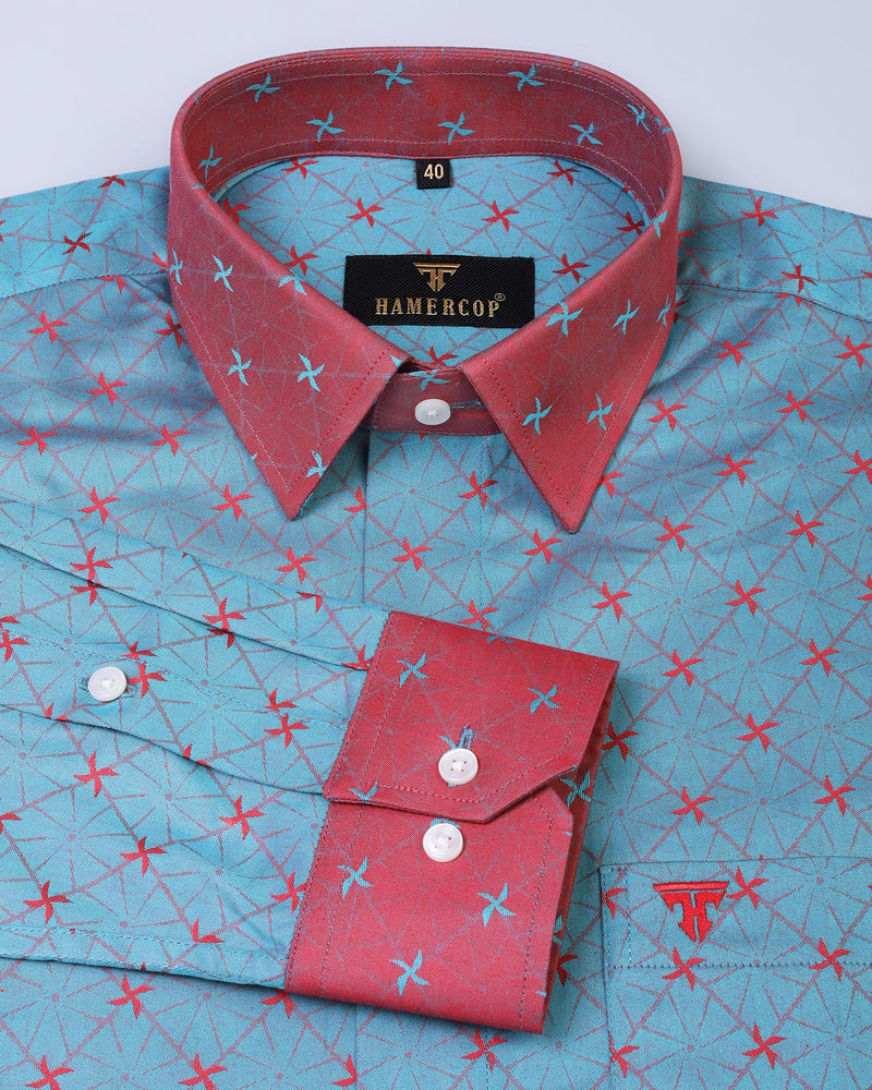 Rama Green With Red Patterned Jacquard Premium Gizza Cotton Designer Shirt