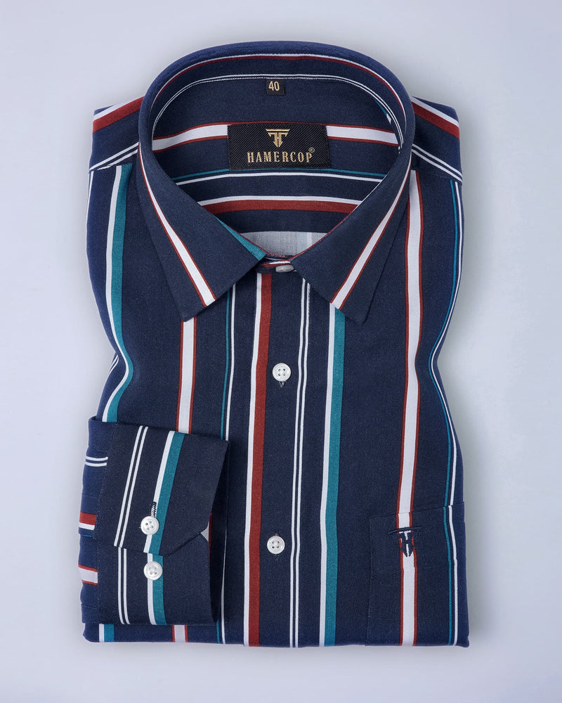 Denim Blue With Multicolored Striped Cotton Shirt