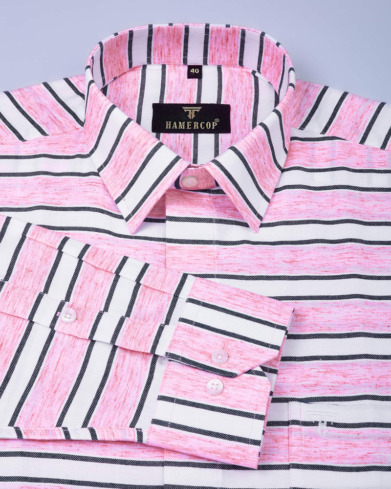 Taffy Pink With White And Black Horizontal Stripe Cotton Shirt