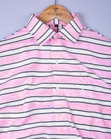Taffy Pink With White And Black Horizontal Stripe Cotton Shirt