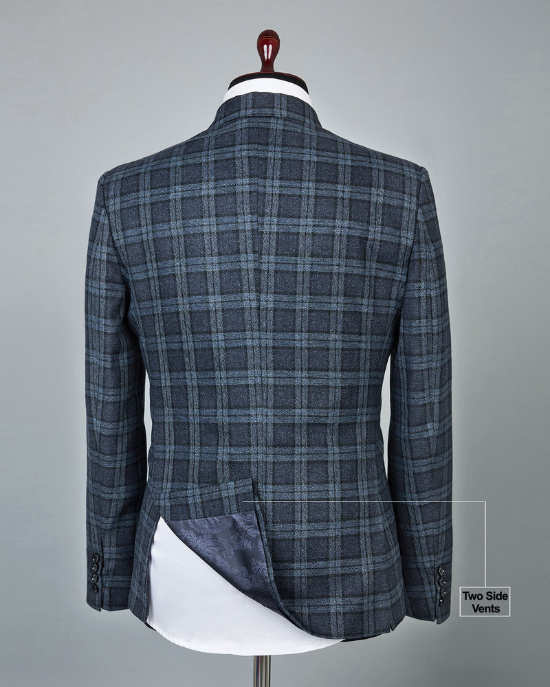 Zordic Blue Checkered Wool Rich Single Breasted Blazer