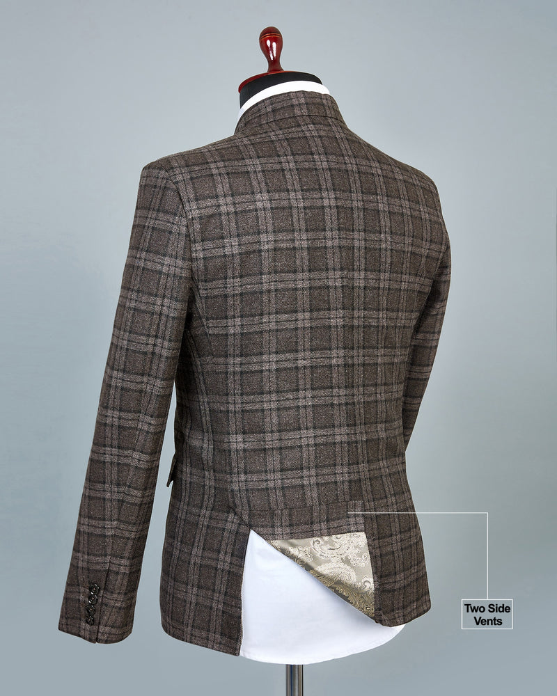 Zordic Brown Checkered Wool Rich Single Breasted Blazer