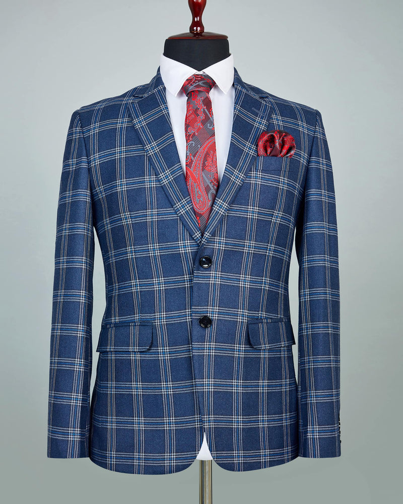 River Blue Windowpane Checkered Single Breasted Blazer