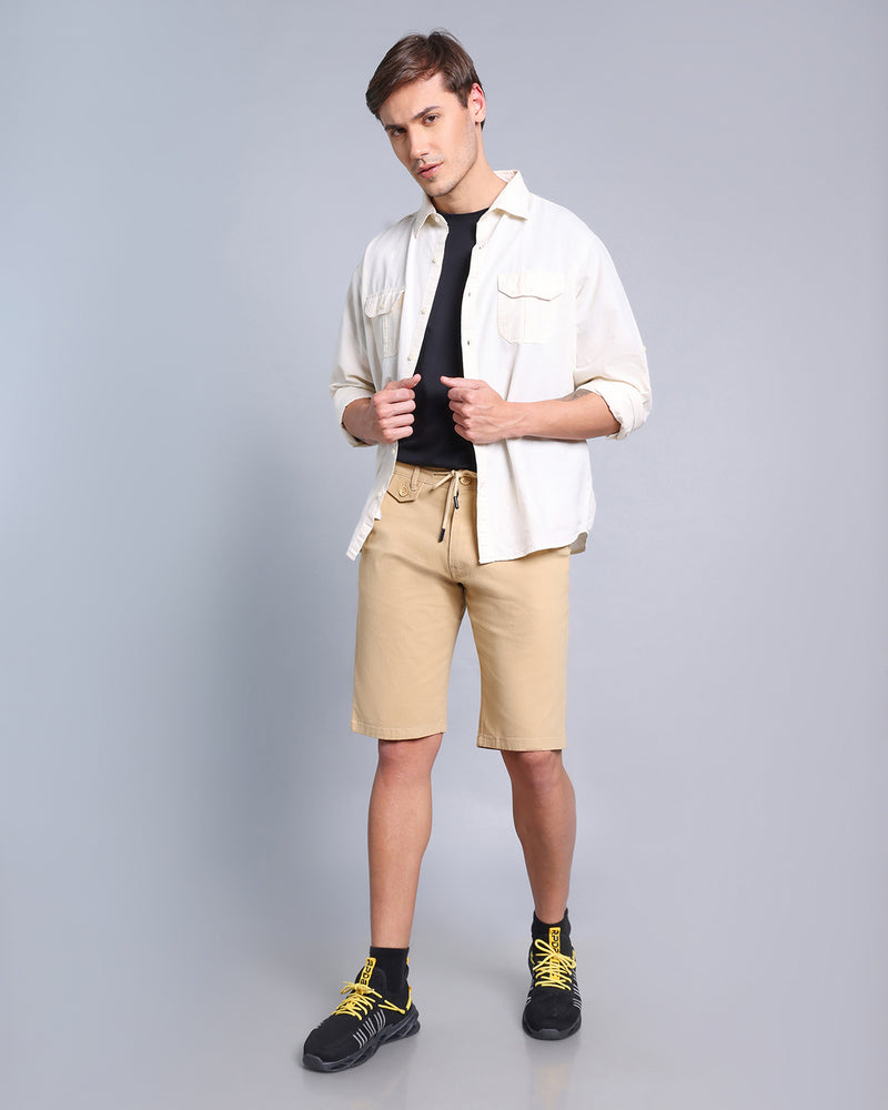 Stylish Solid Khaki Stretch Cotton Shorts - Main Image
