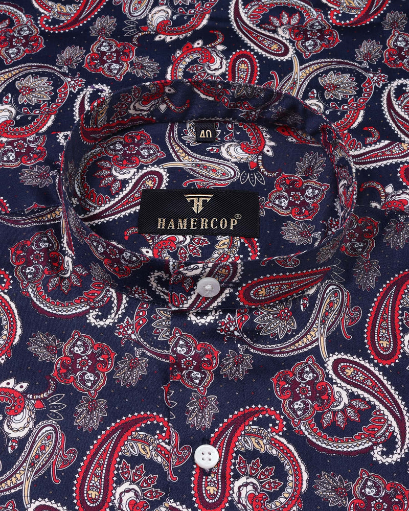 Blue Colorful Floral Paisley Printed Egyptian Gizza Cotton Shirt