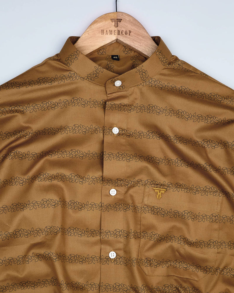 Colza Yellow With Wavy Leaf Stripe Dobby Cotton Shirt