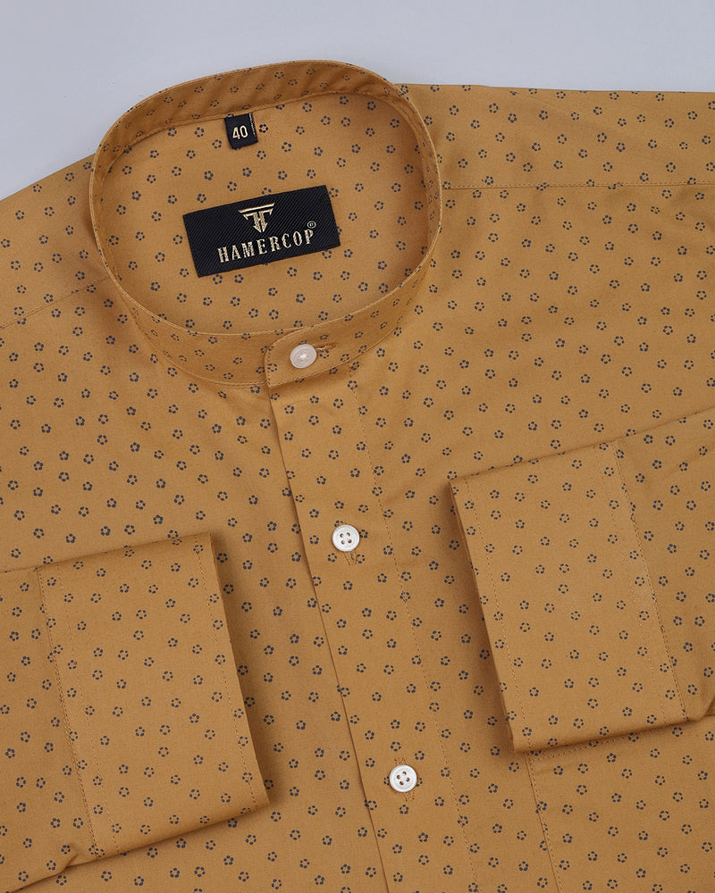 Mustard Color With Blue Polka Printed Premium Cotton Shirt