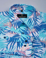 Blue Palm leaf With White Linen Cotton Shirt