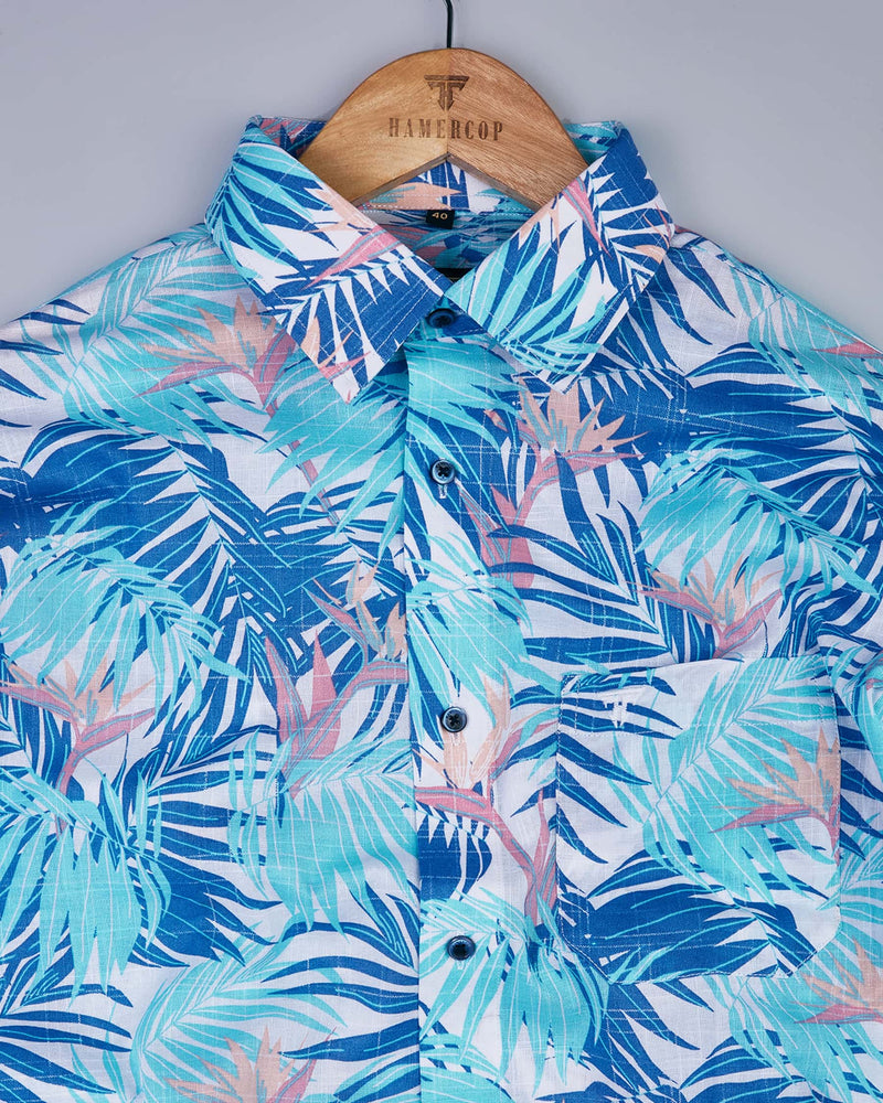 Blue Palm leaf With White Linen Cotton Shirt