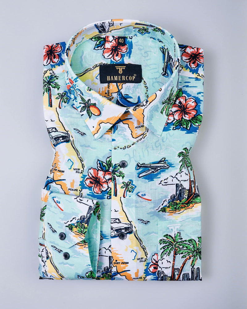 Island Trendtax With Blue Ocean Printed Linen Cotton Shirt