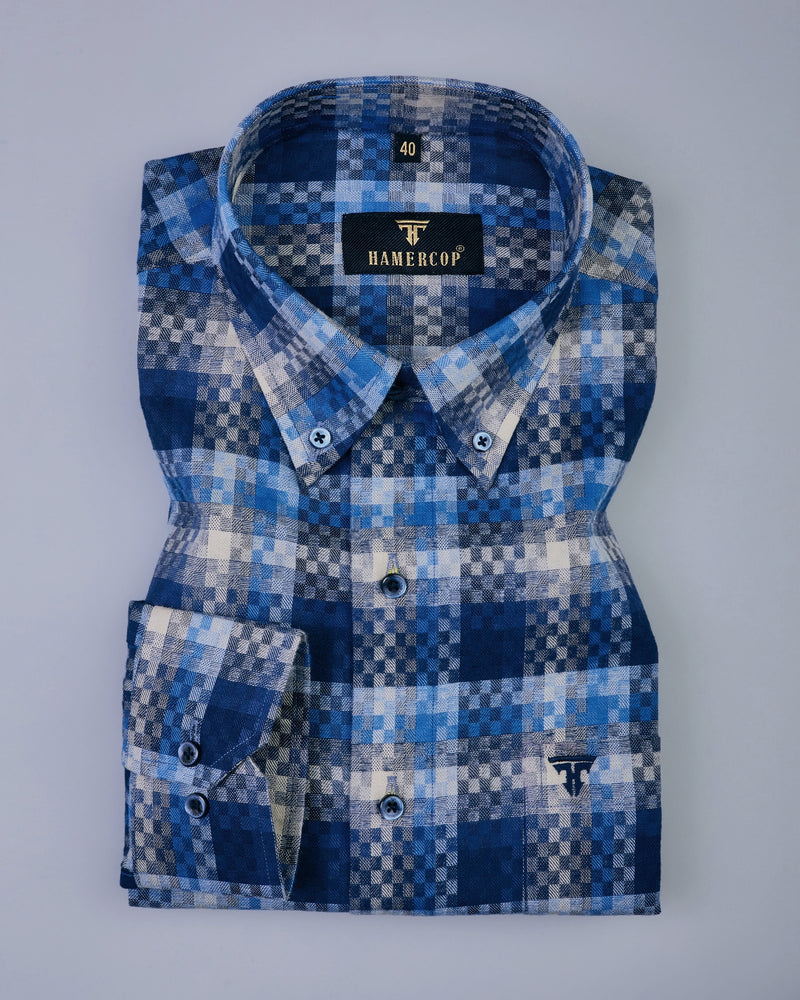 Pixel Blue Plaid Flannel Small Check Dobby Cotton Shirt