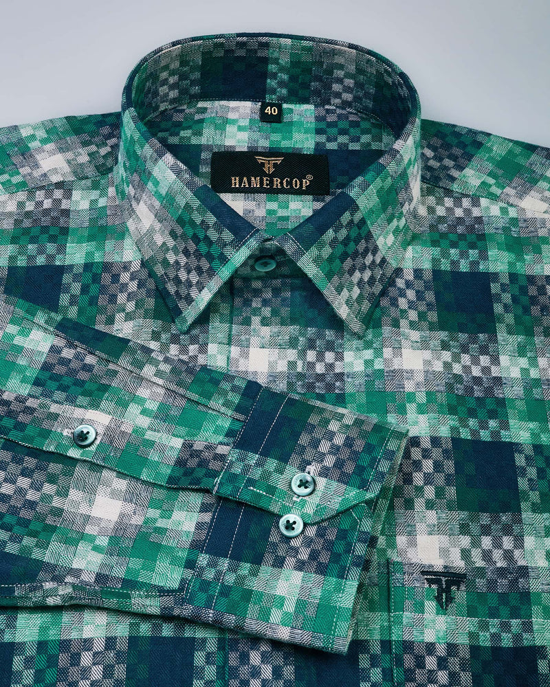 Pixel Green Plaid Flannel Small Check Dobby Cotton Shirt