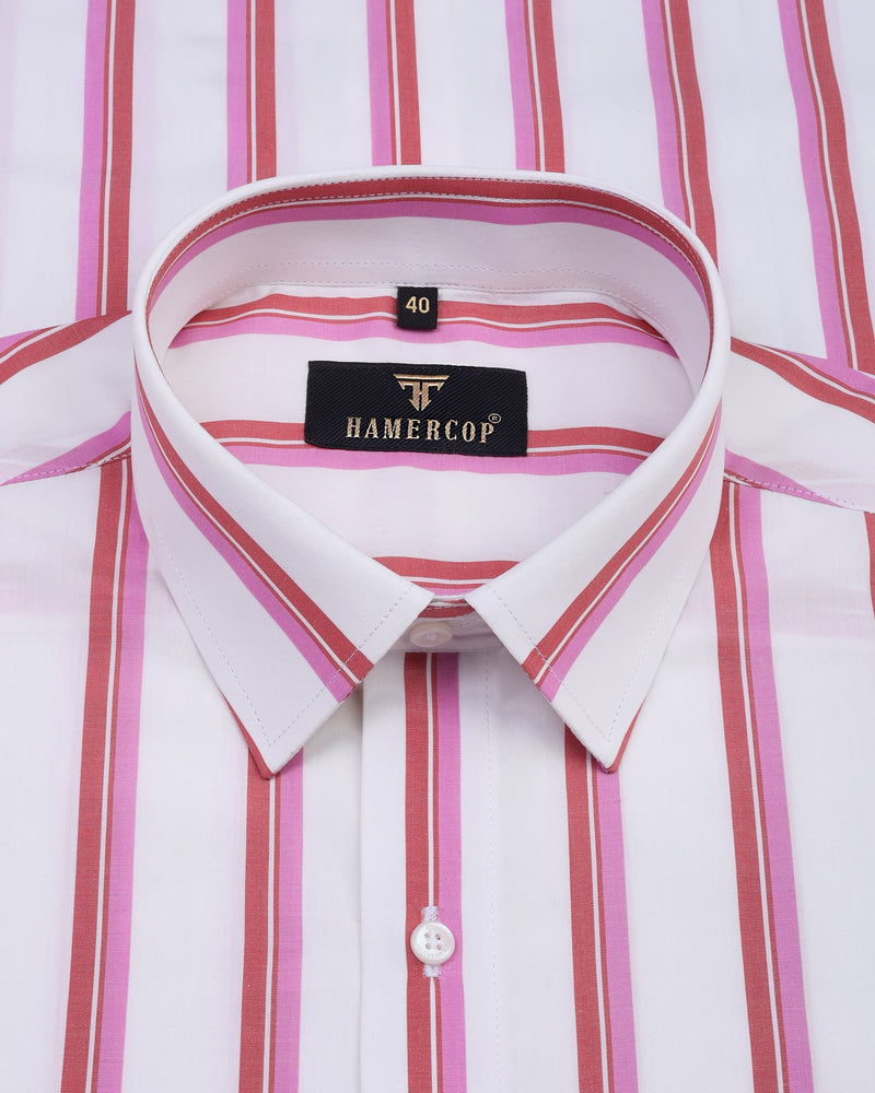 Pink With White And Red Broad Formal Stripe Cotton Shirt