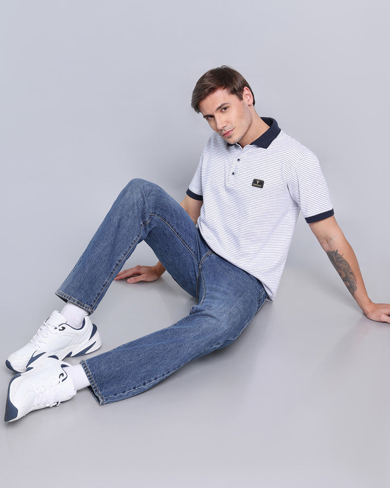Candle White With Blue Striped Supersoft Smart Polo T-Shirt
