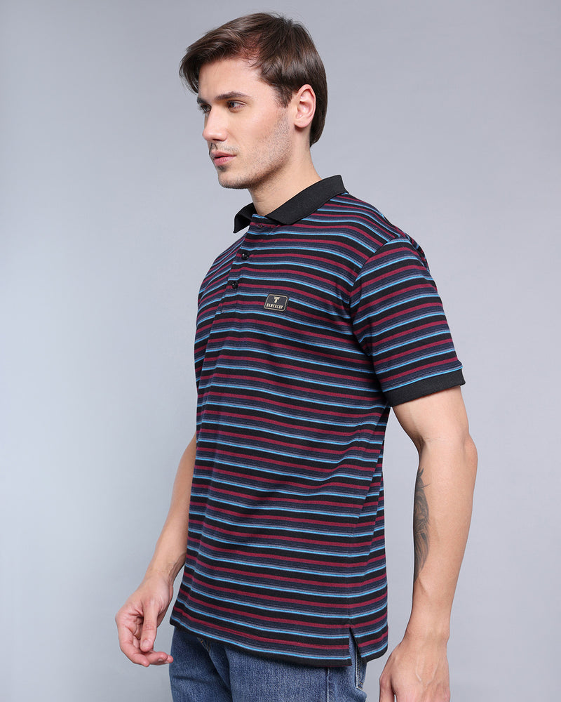 Merlot Maroon With Sky Multicolor Striped Supersoft Smart Polo T-Shirt