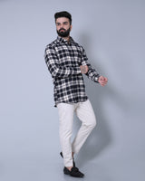 Macaroon Creamish With Black Brushed Solid Plaid Flannel Check Shirt