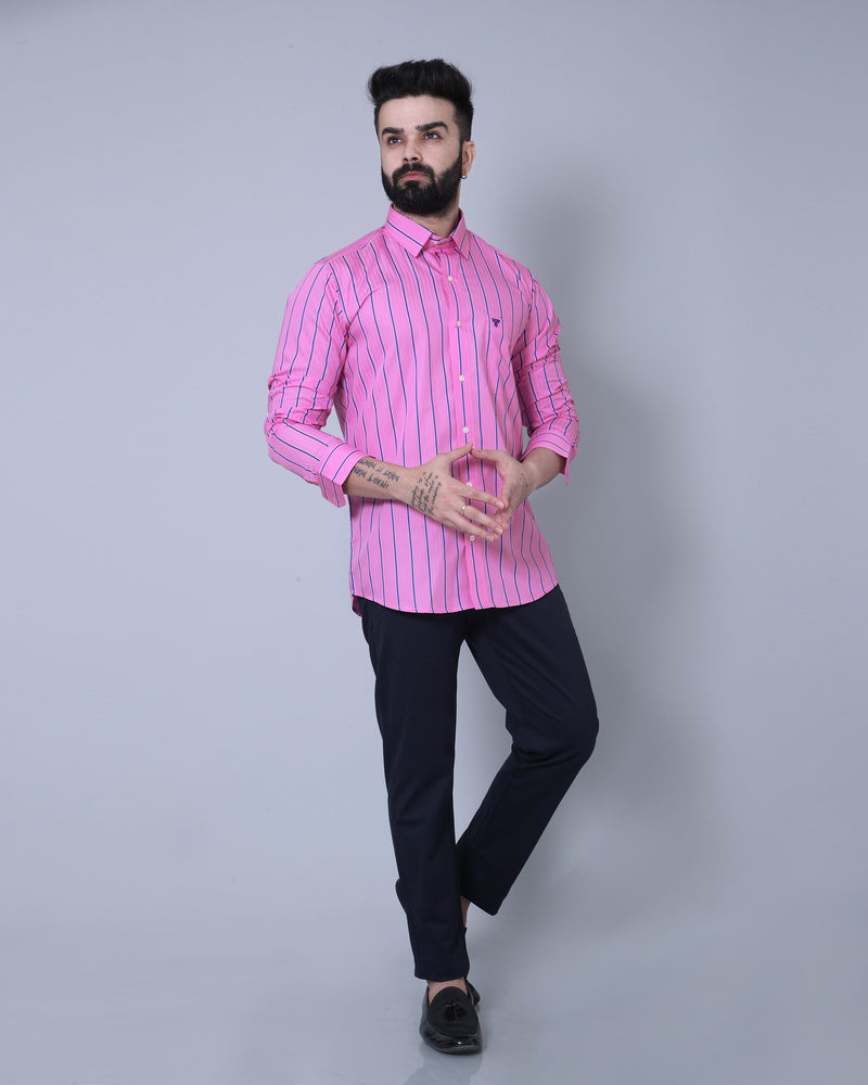 Pink With Blue Broad Formal Stripe  Cotton Shirt