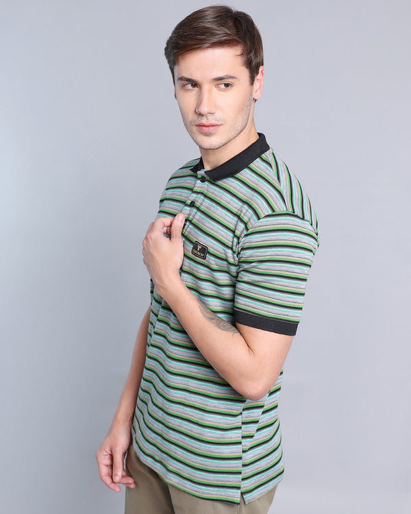 Hunter Green With Black Multicolor Striped Supersoft Smart Polo T-Shirt