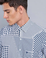 Teal Blue Geomatrical Print With White Designer Cotton Shirt