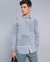 Teal Blue Geomatrical Print With White Designer Cotton Shirt
